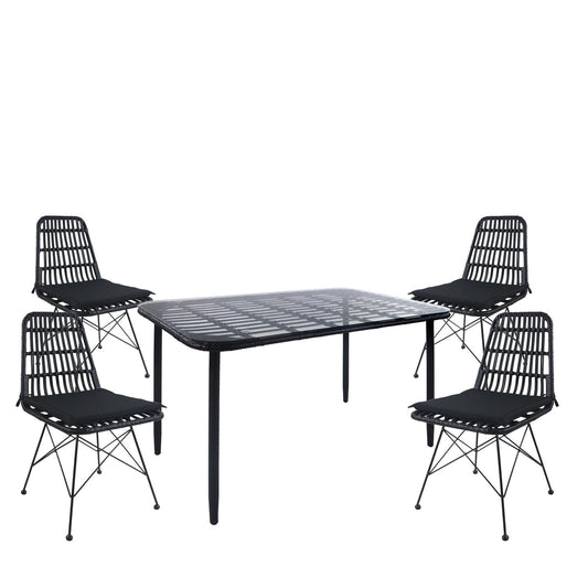 Σετ Τραπεζαρία Κήπου ANNIUS Μαύρο Μέταλλο/Rattan/Γυαλί Με 4 Καρέκλες 14990360