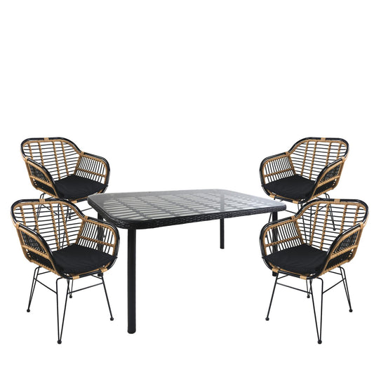 Σετ Τραπεζαρία Κήπου AMPLAS Μαύρο Μέταλλο/Rattan/Γυαλί Με 4 Καρέκλες 14990365