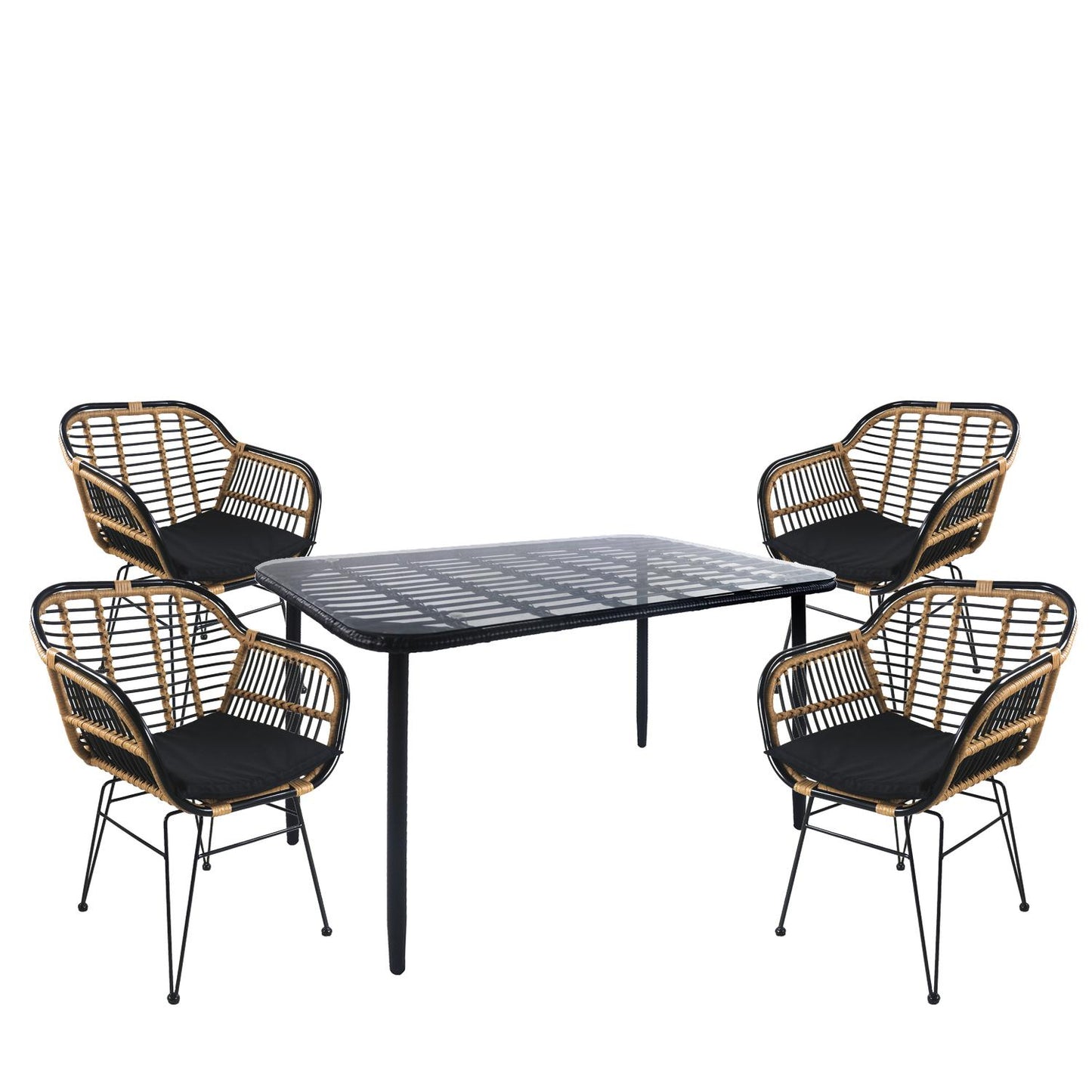 Σετ Τραπεζαρία Κήπου ANNIUS Μαύρο Μέταλλο/Rattan/Γυαλί Με 4 Καρέκλες 14990366