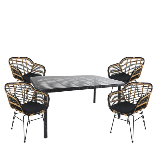 Σετ Τραπεζαρία Κήπου AMPIUS Μαύρο Μέταλλο/Rattan/Γυαλί Με 4 Καρέκλες 14990367