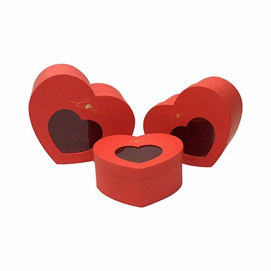 Κουτιά με Παράθυρο 'Καρδιά' Χάρτινα Κόκκινα/Χρυσά (3 Τεμ.)