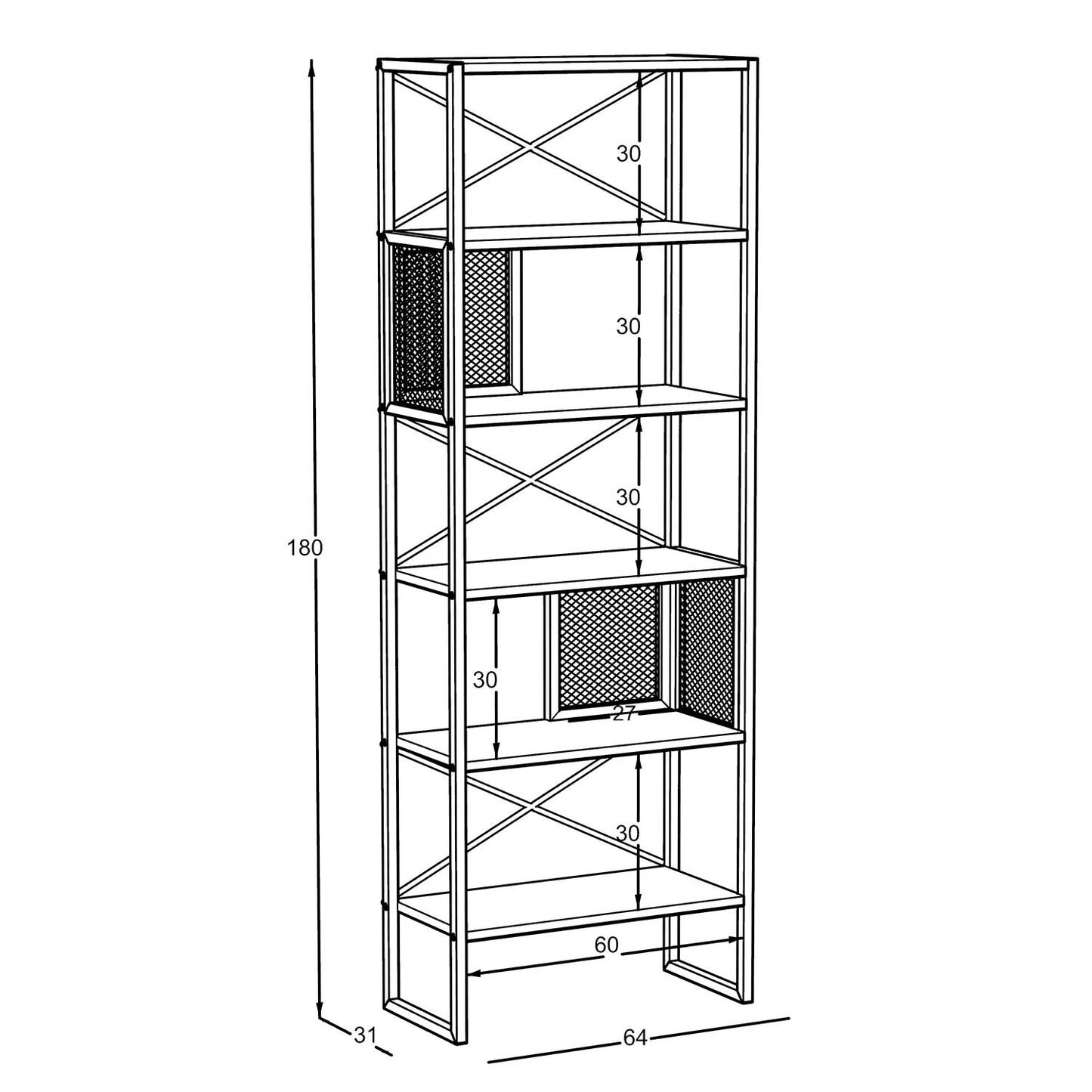 Ραφιέρα Ξύλινη/Μεταλλική Γκρι/Μαύρη 65x33x180